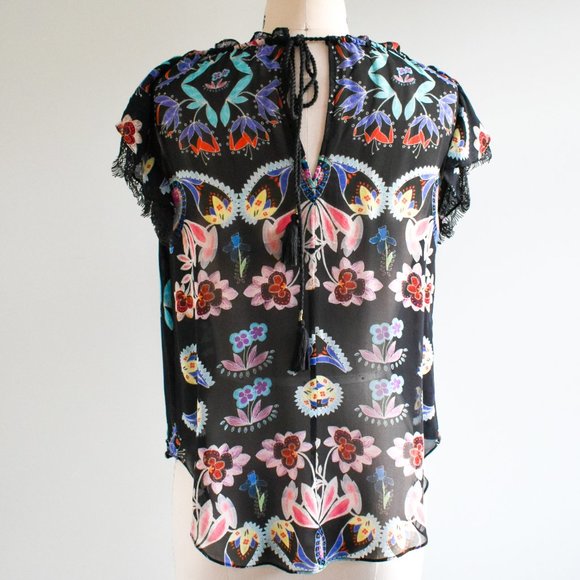 Dark Lacy Floral Paisley Printed Silk Lace Ruffle Sleeve Blouse - Picture 5 of 10